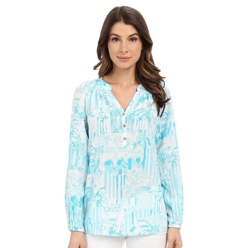 Lilly Pulitzer Elsa Top Palm Beach Gardens Silk Blouse Turquoise White ResortM